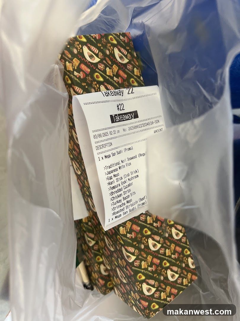 Takeaway receipt and food packaging