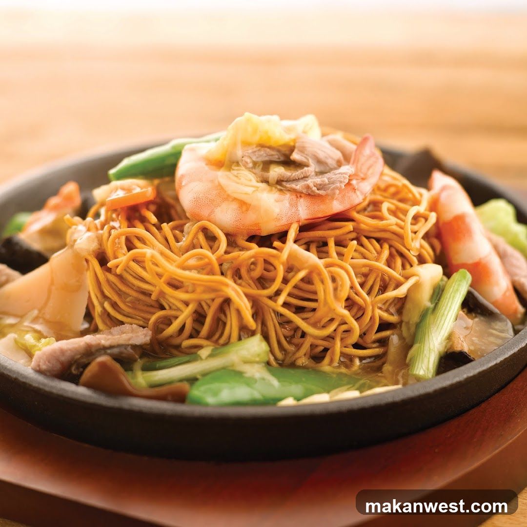 Sizzling Noodle Dish with Shrimp and Beef