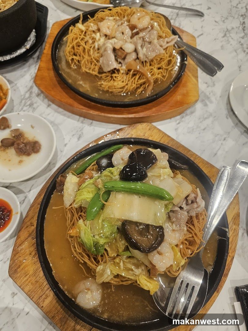 Served Noodles with Vegetables and Meat