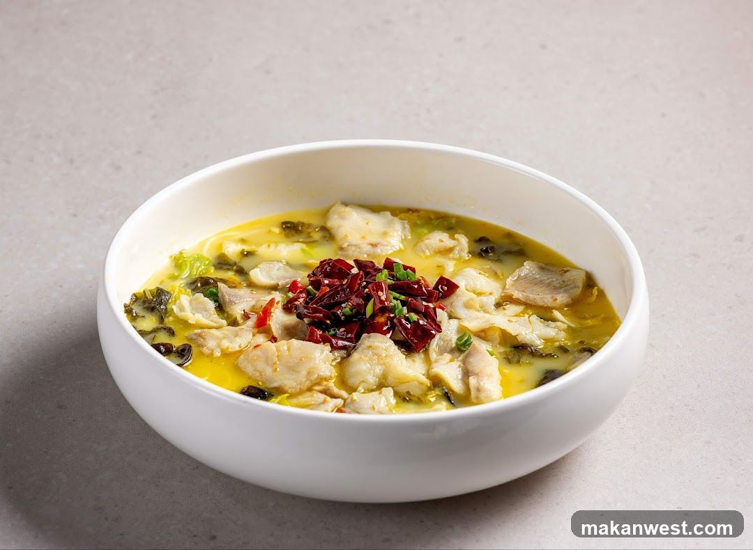 Bowl of Sour Fish Soup with Chili and Greens