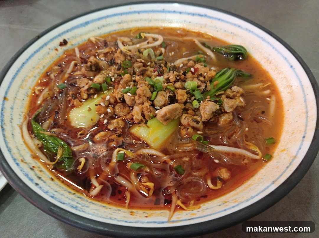 Spicy Noodle Bowl with Minced Meat and Greens