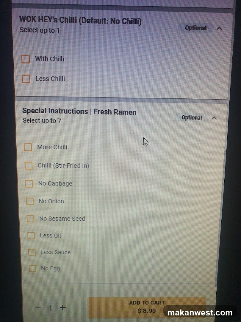 Wok Hey's Chilli Order Screen
