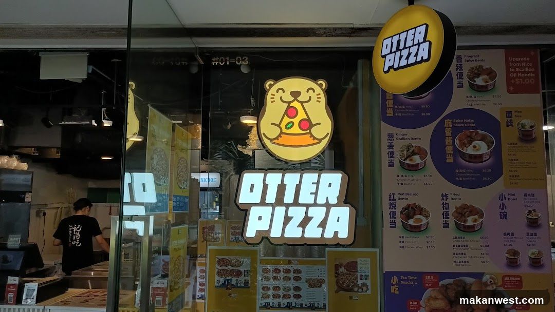 Glass storefront with illuminated 'OTTER PIZZA' sign and cartoon otter logo. Menu boards display food items like pizza, bento boxes, and fried snacks. Staff visible inside kitchen area.