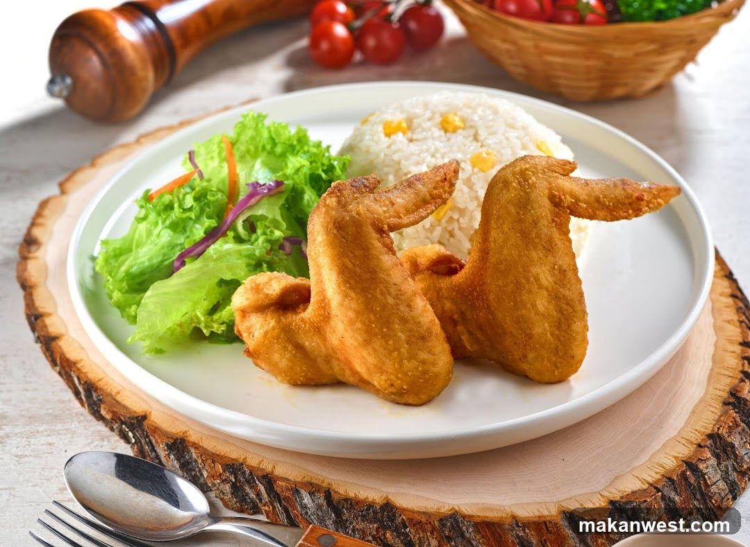 Fried Chicken Wings with Rice and Salad