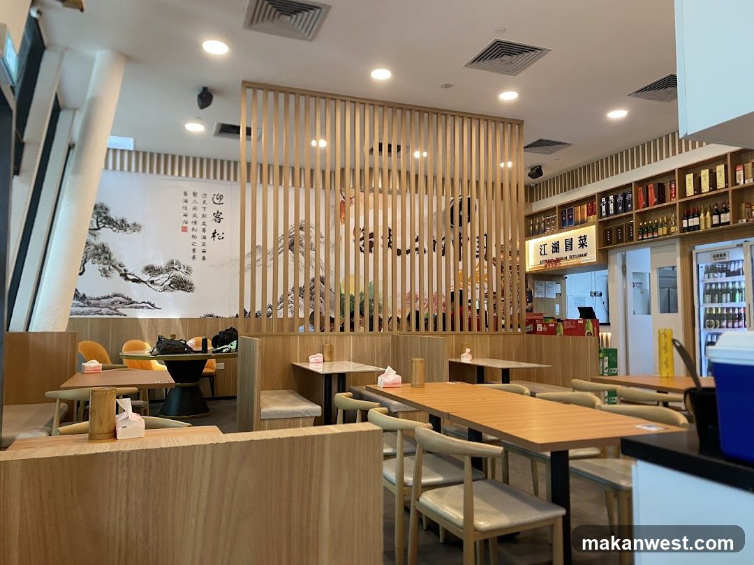 Restaurant Interior with Wooden Decor and Wall Art