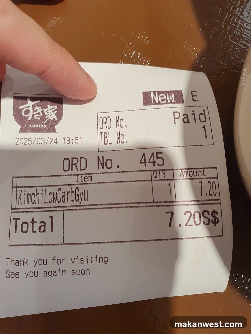 Receipt from Sukiya Restaurant