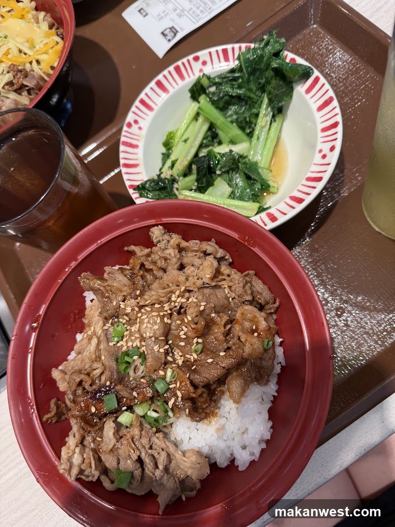 Bowl of meat rice with greens
