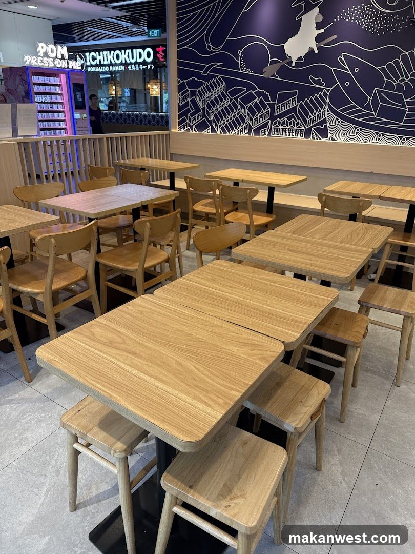 Restaurant Interior with Wooden Tables and Wall Art