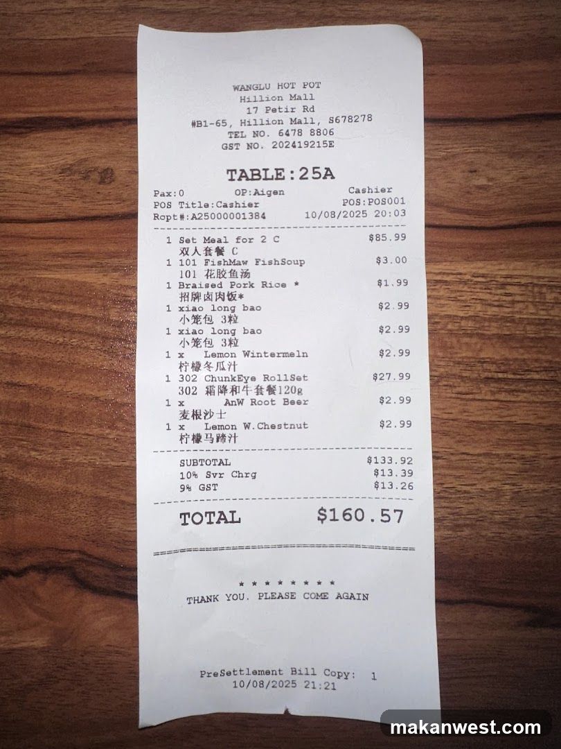 Receipt from Wanglu Hot Pot