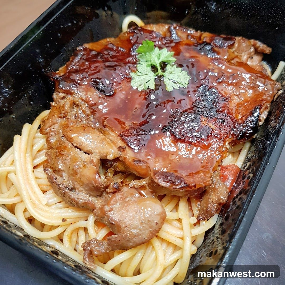 Grilled Meat with Sauce over Pasta