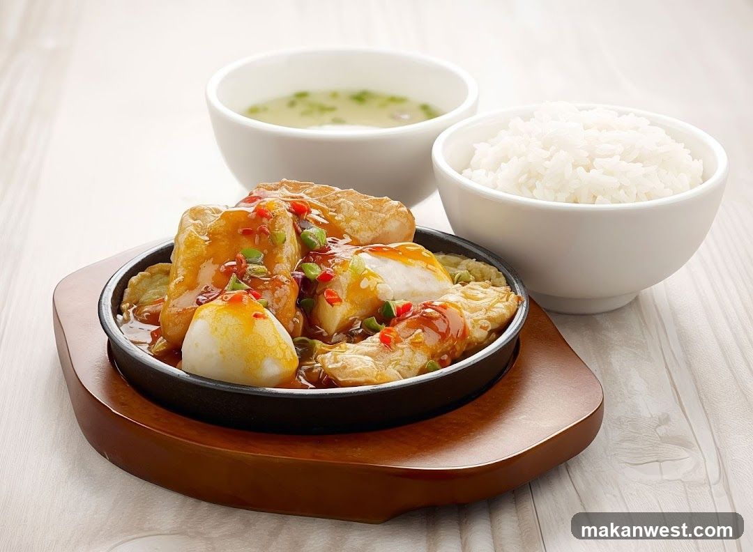 Sizzling Dish with Rice and Soup