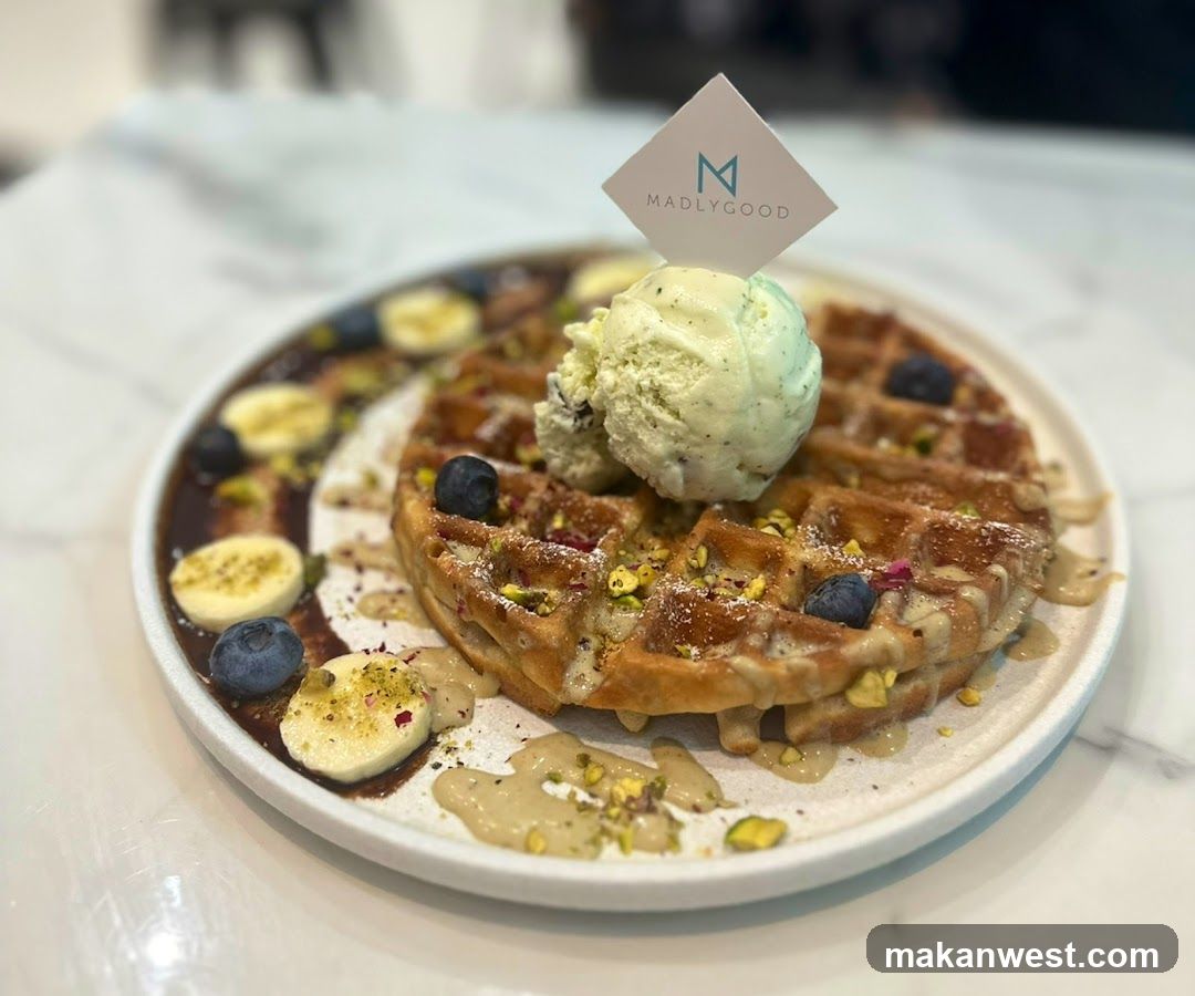 Waffle with Ice Cream and Blueberries