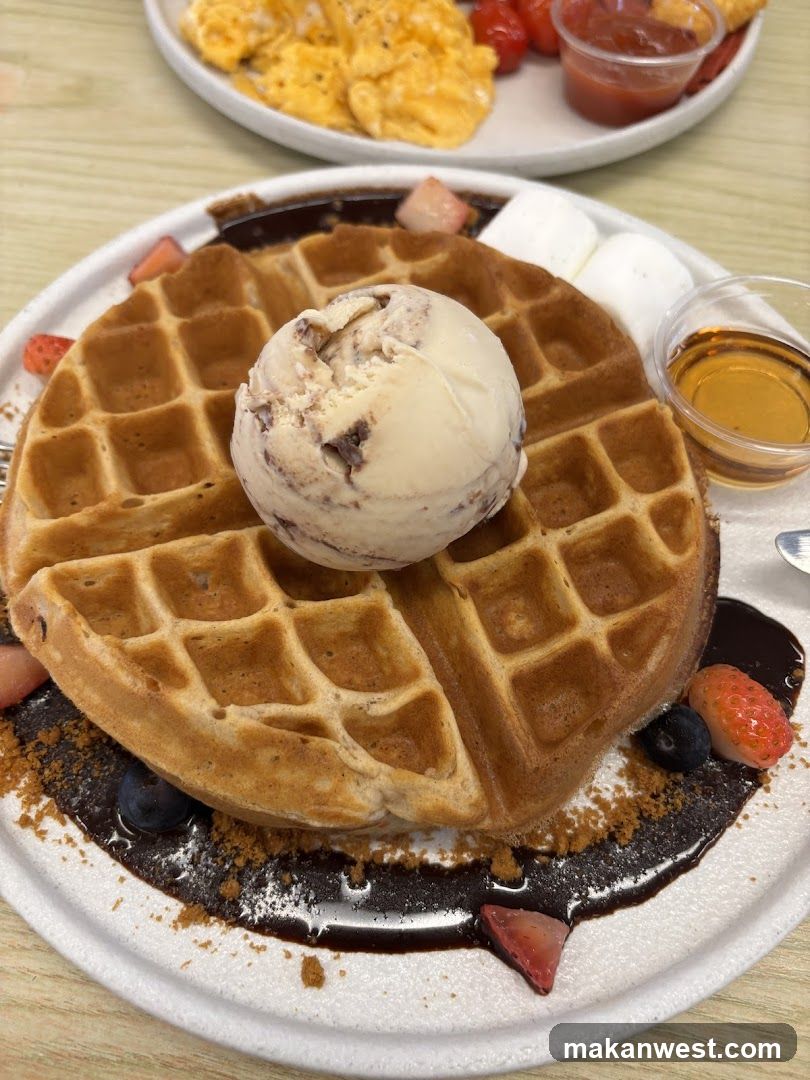 Waffle with Ice Cream and Syrup