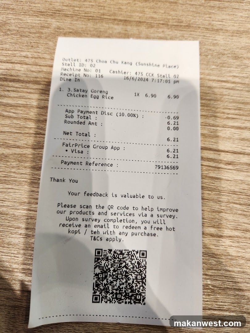 Receipt from Satay Goreng Chicken Egg Rice Stall