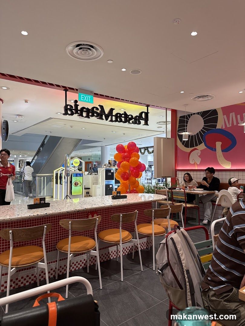 Food Court Interior with Decorative Balloons and Seating Area