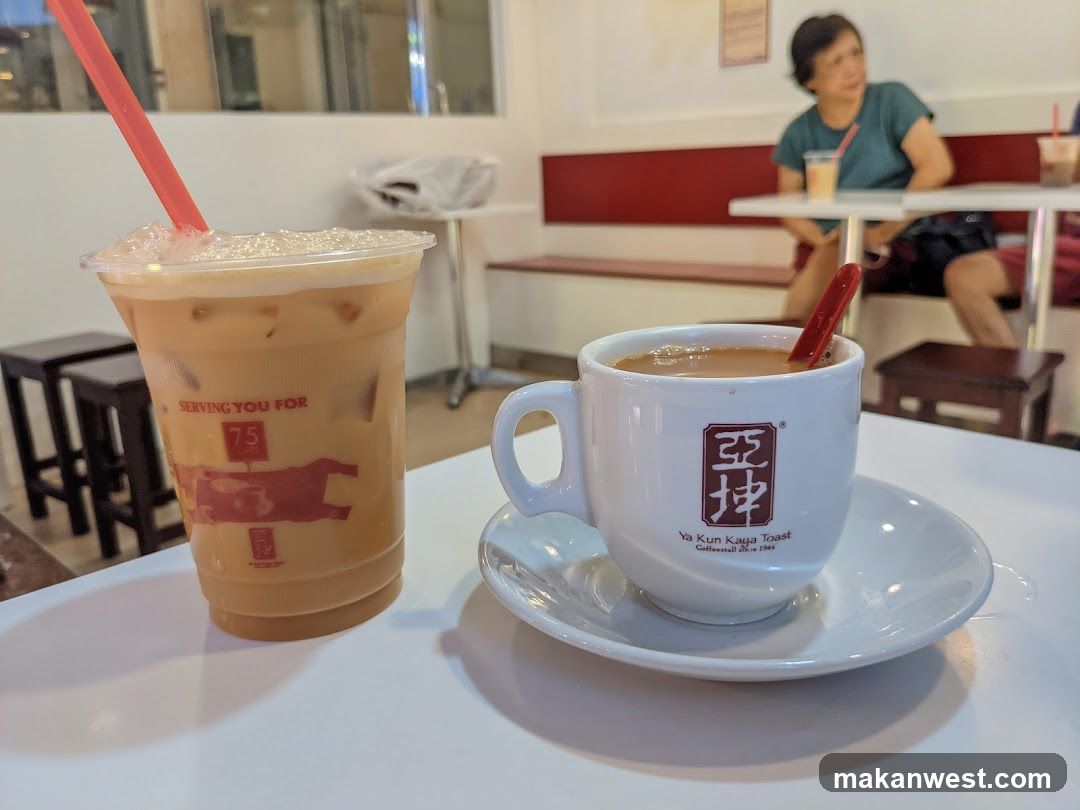 Iced coffee and hot coffee at Ya Kun Kaya Toast