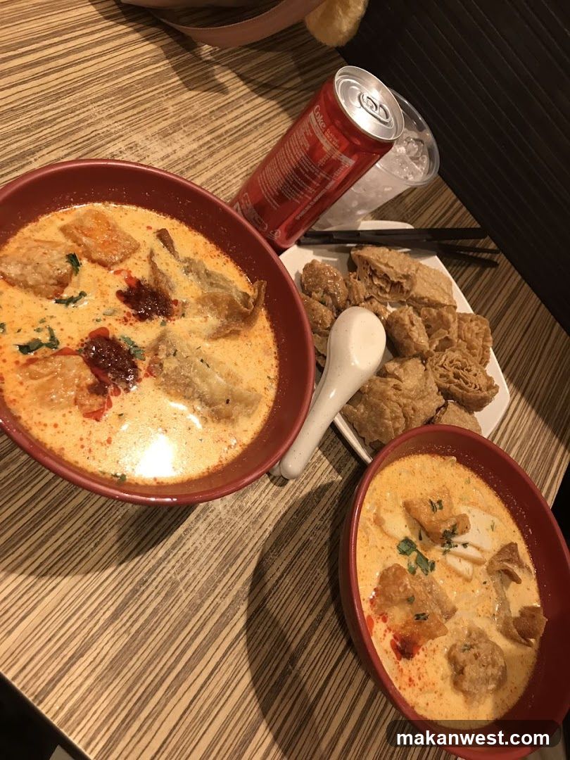 Dish with creamy soup and fried tofu