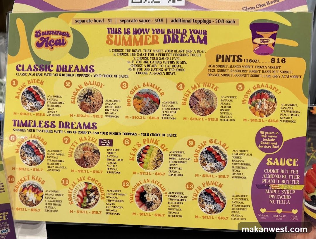Summer Acai Menu