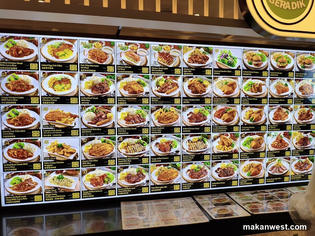 A large illuminated menu board displaying various food items with images, names, and prices in a grid layout.