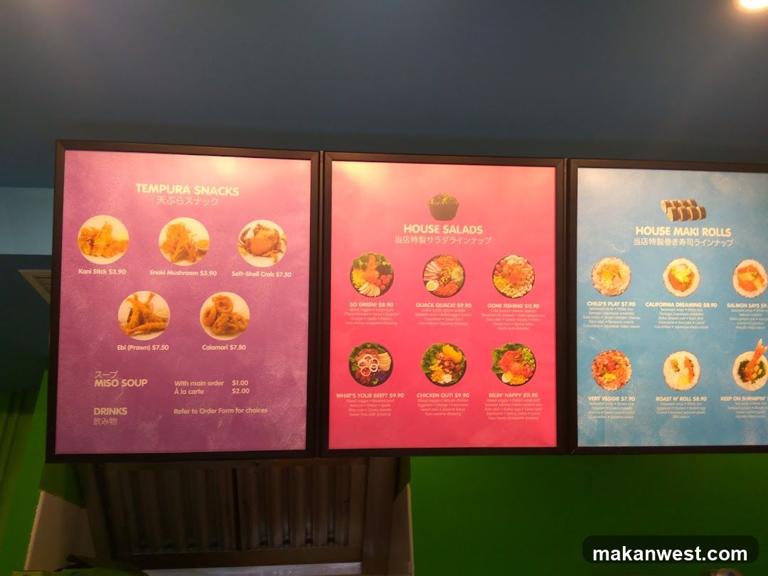 Tempura Snacks, House Salads & Rolls Menu Board