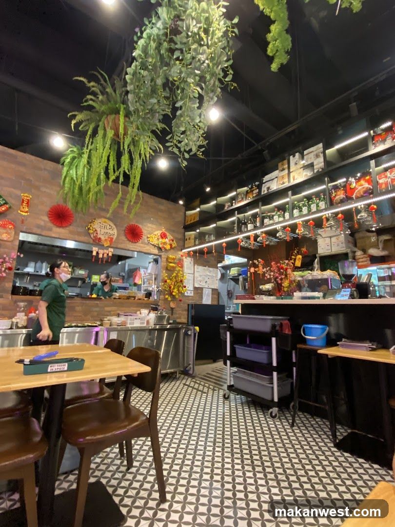 Restaurant Interior with Hanging Plants and Decorations