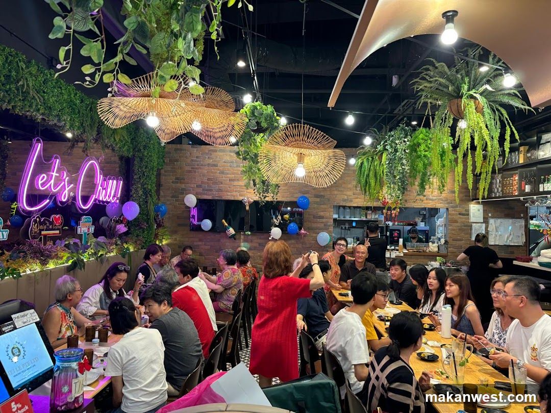 Dining Scene with Neon Signage