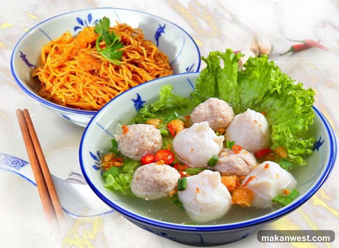 Bowl of Soup with Meatballs and Noodles