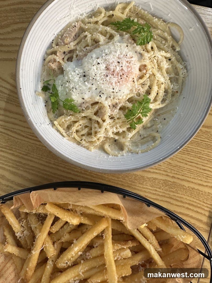 Pasta with Poached Egg and Fries