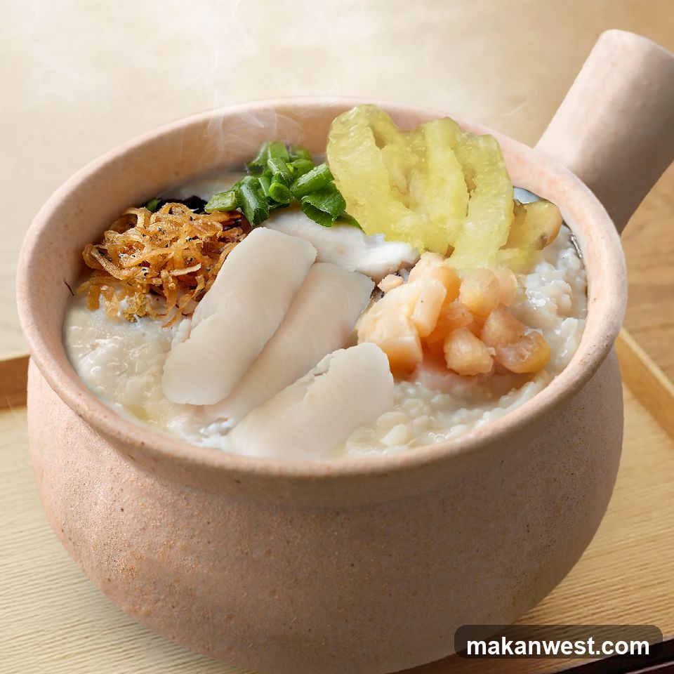 Steaming Rice Porridge Bowl with Toppings