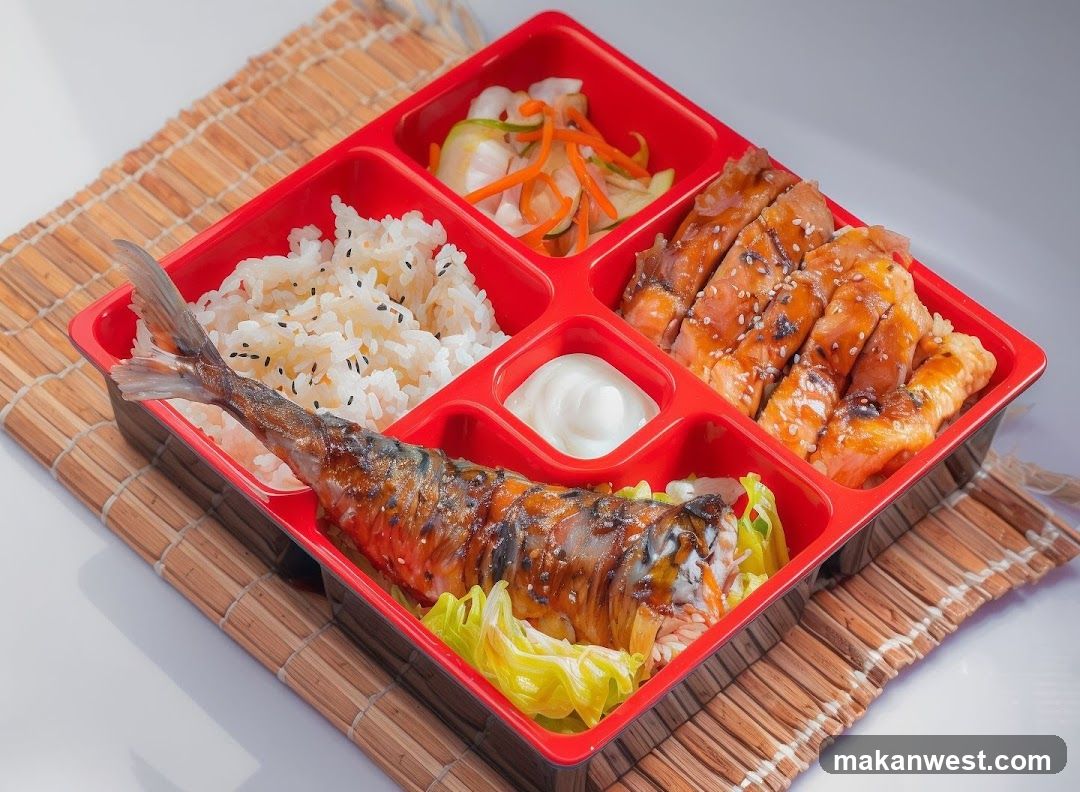 A bento box with grilled fish, rice, and pickled vegetables.