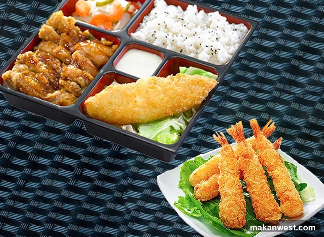 A bento box containing teriyaki chicken, white rice, a fried fish fillet, and a small side of pickled vegetables and sauce. A separate plate holds several pieces of fried shrimp served on lettuce.