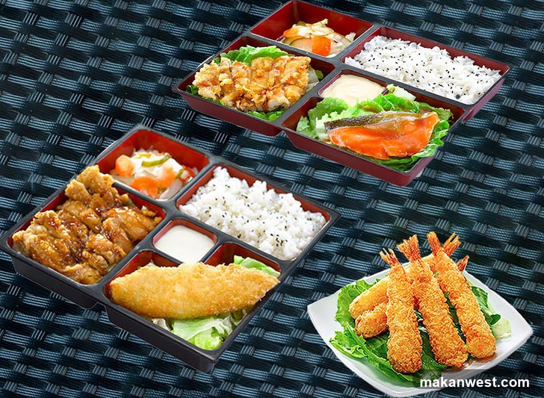 Two bento boxes and a plate of shrimp tempura are arranged on a dark, woven placemat. The bento boxes contain rice, fried chicken, a piece of salmon, and pickled vegetables. The shrimp tempura is golden brown and served on a bed of lettuce.