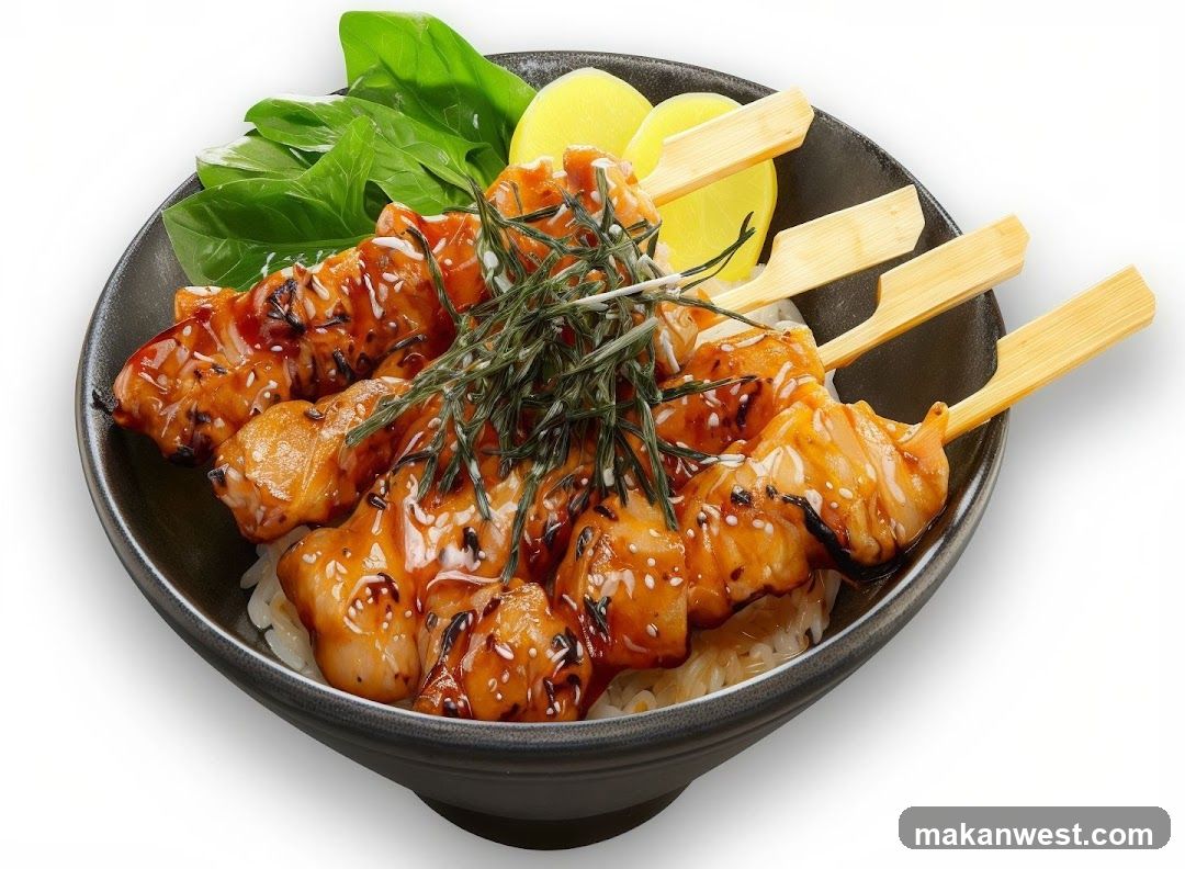 A bowl of white rice topped with several skewers of glazed chicken yakitori. The chicken is coated in a glossy, dark sauce and sprinkled with sesame seeds. Garnishes include fresh green leaves, thin slices of lemon, and dried seaweed.