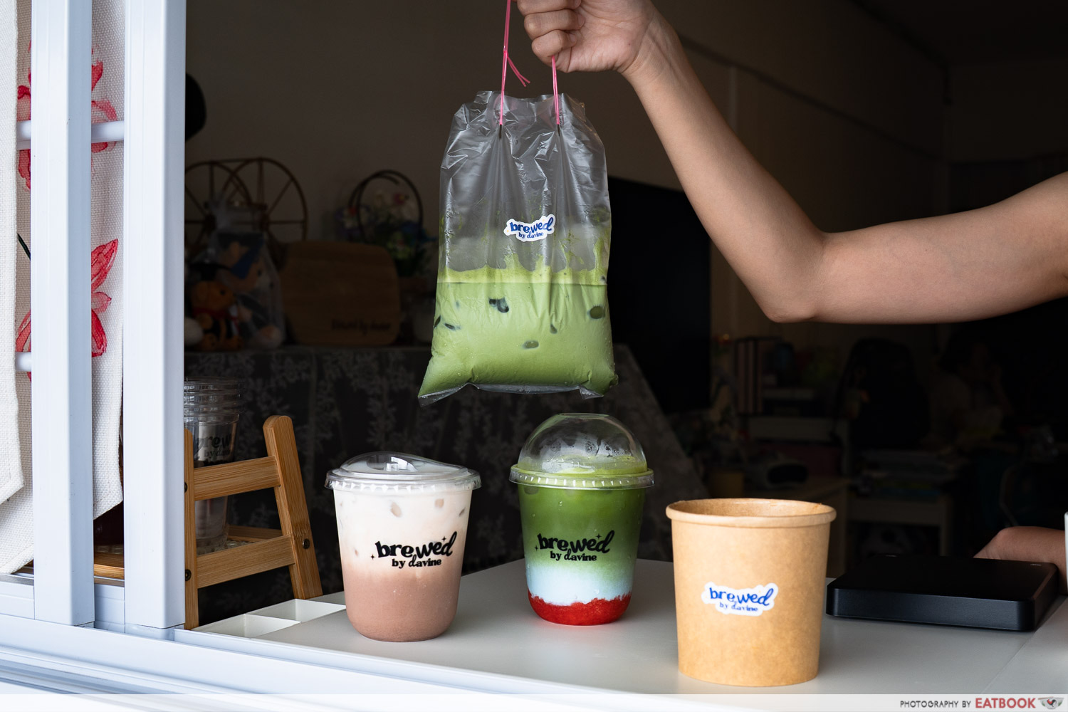 Brewed by Davine matcha drinks at the Bukit Batok HDB window