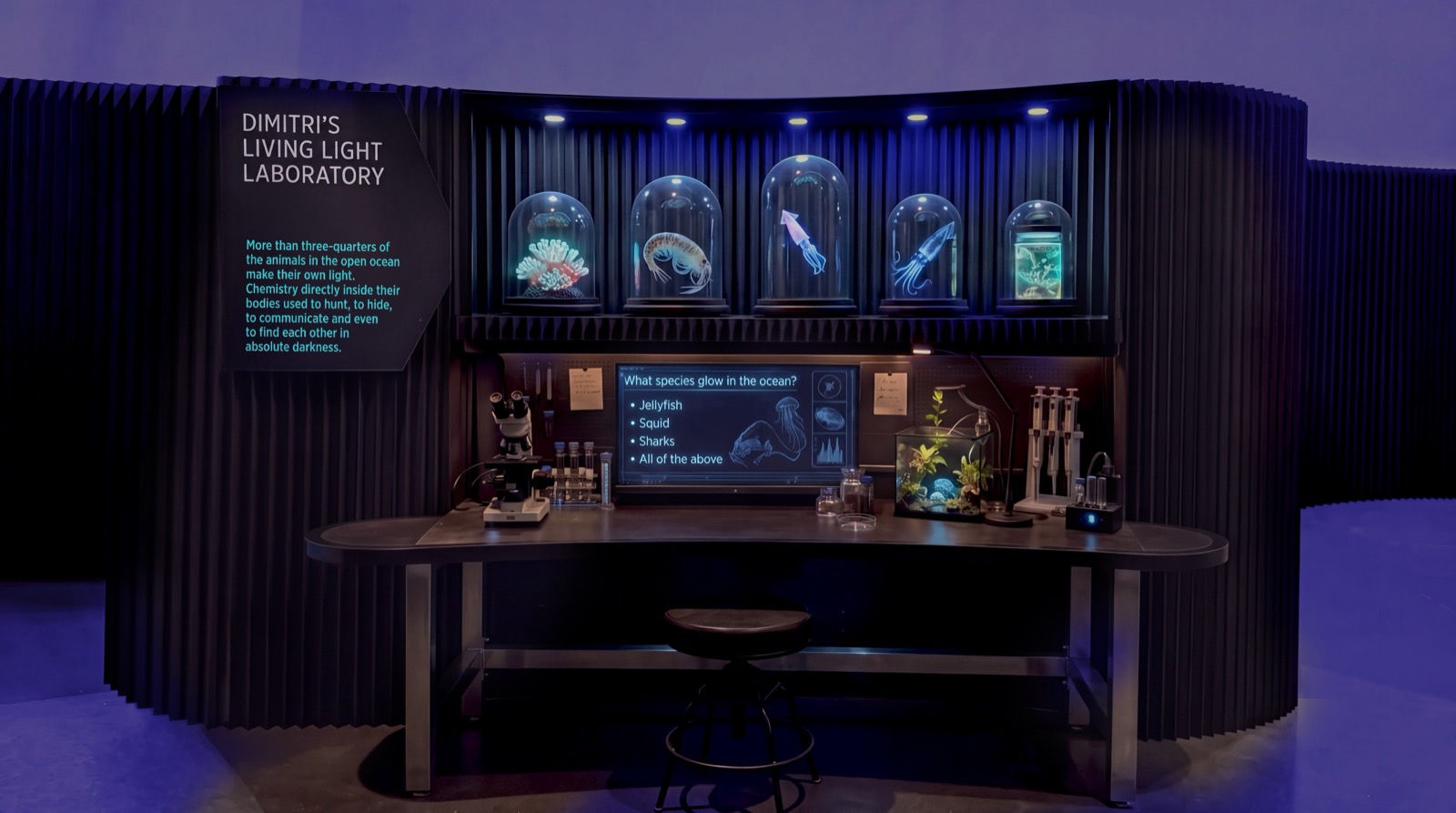 Dimitri's Living Light Laboratory desk at Glowing Oceans, Science Centre Singapore