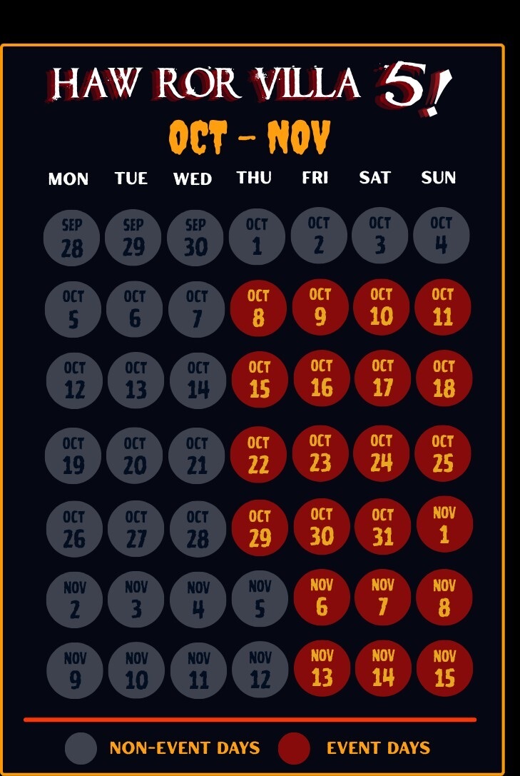 Haw Ror Villa 5 2026 event calendar of selected nights in October and November