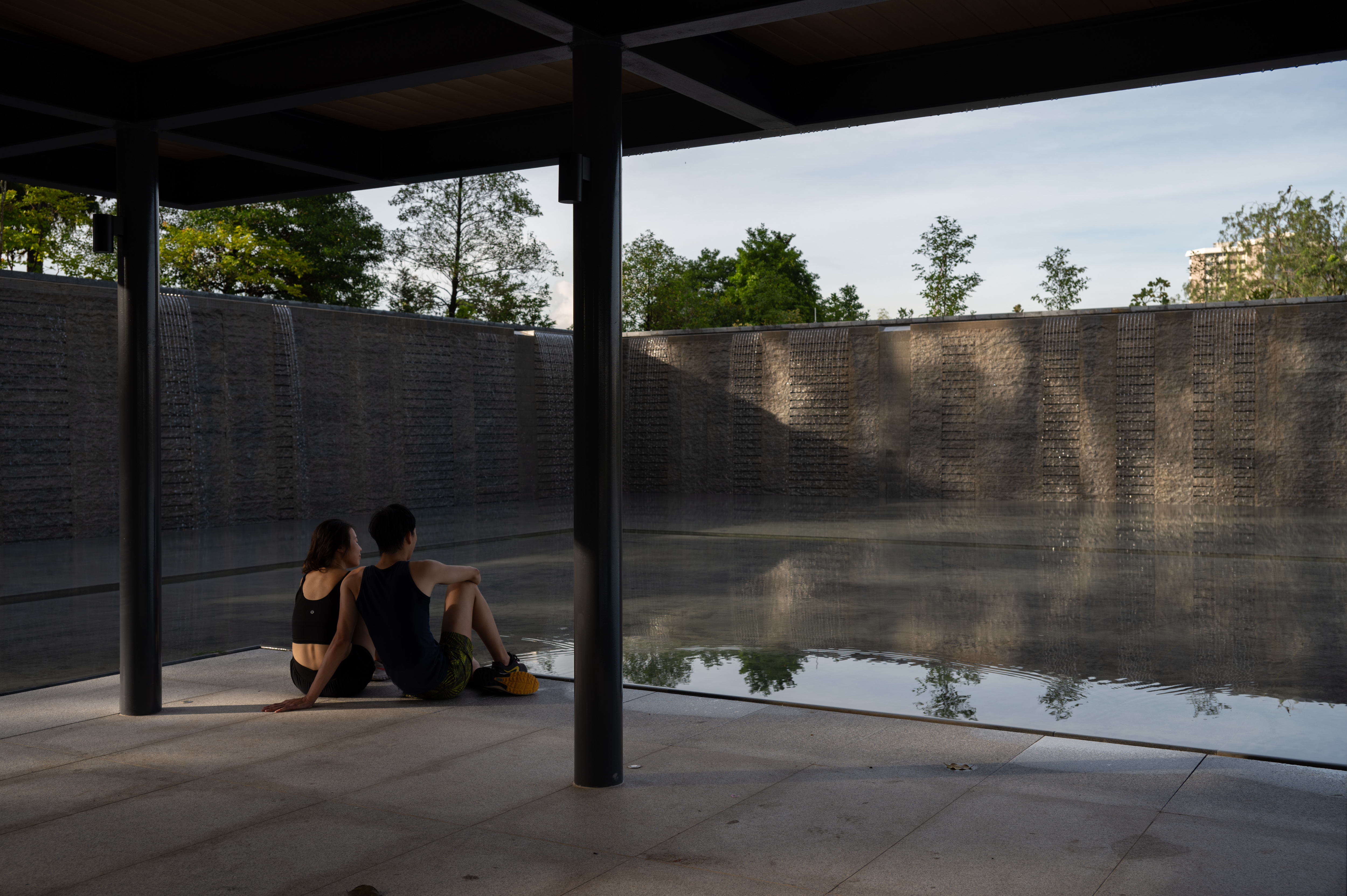 Water Wall Court central pavilion and reflective pool at Jurong Lake Gardens Chinese Garden