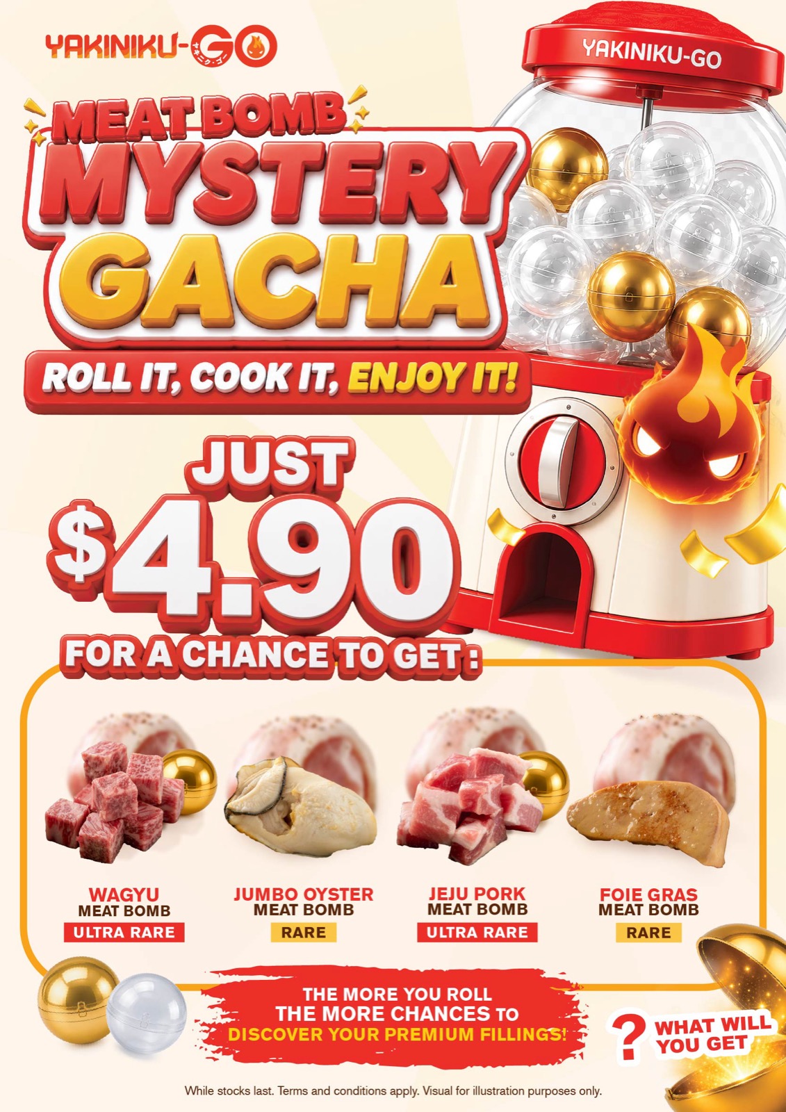 Yakiniku-GO Meat Bomb Mystery Gacha menu board with $4.90 mystery fillings