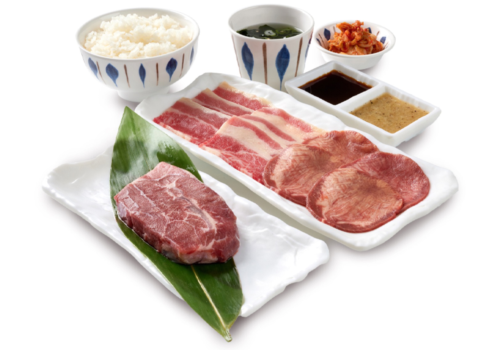 Yakiniku-GO Set with short plate, oyster blade steak, tongue, rice and soup